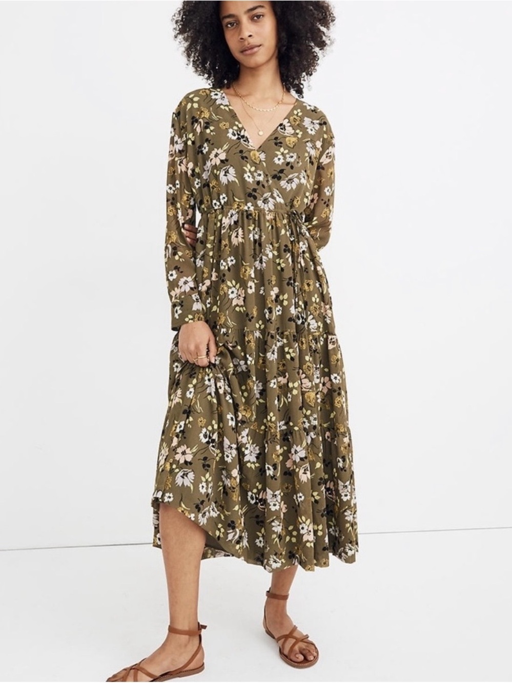 Madewell Olive Floral V-Neck Tiered Maxi Dress